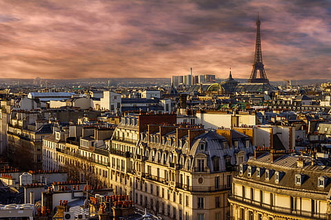 aerial photo of brown castle, paris, eiffel tower, night, city HD wallpaper