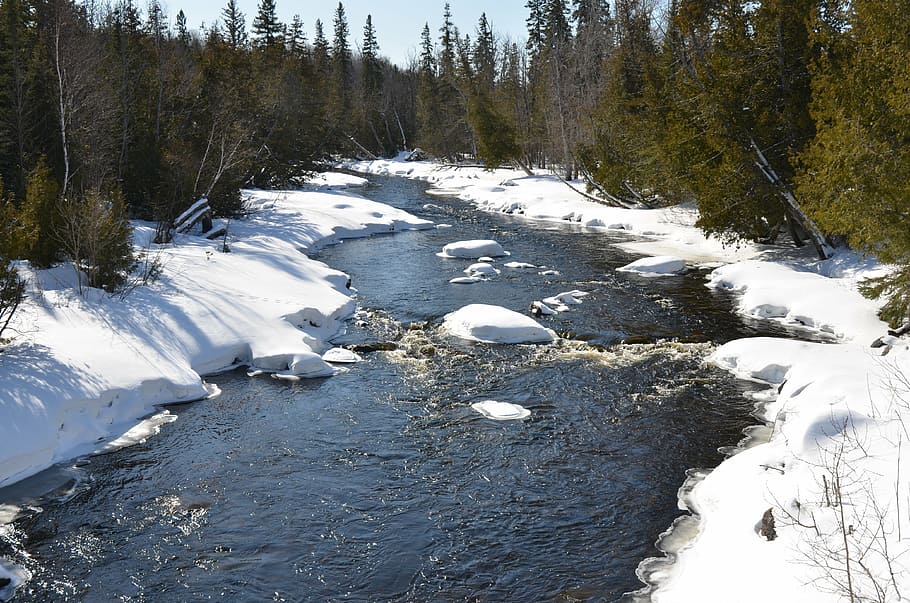 winter, river, landscape, nature, water, white, forest, snow HD wallpaper
