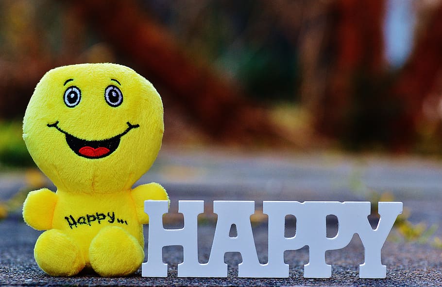 yellow plush toy near happy freestanding decor, smiley, laugh, HD wallpaper