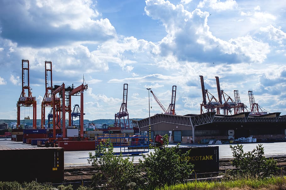 city, architecture, baltic, cargo, container, containers, crane HD wallpaper