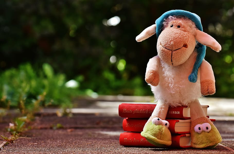lamp plush toy on books, sheep, sleepyhead, good night story HD wallpaper