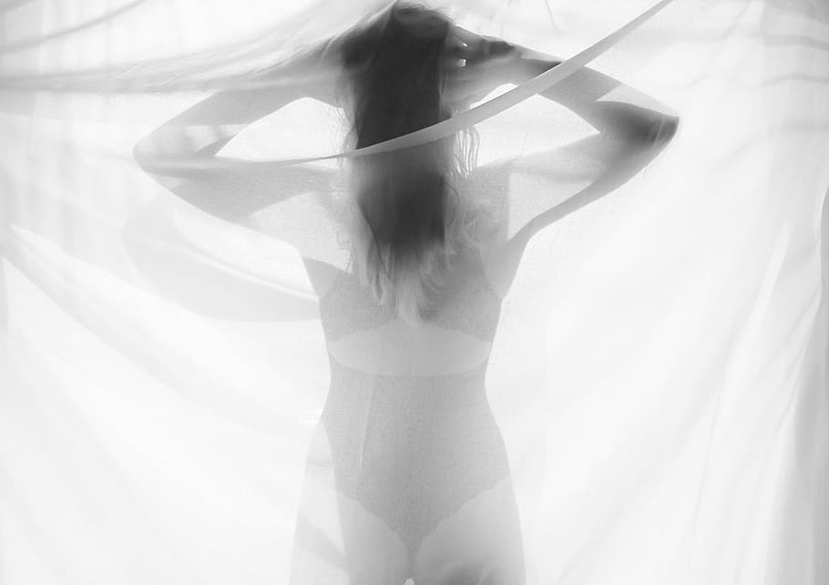 silhouette of woman from white mesh textile, back, curtain HD wallpaper