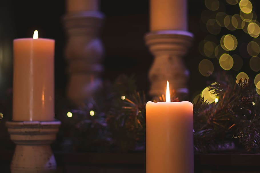 christmas, tree, lights, bokeh, decoration, candle, fire, burning HD wallpaper