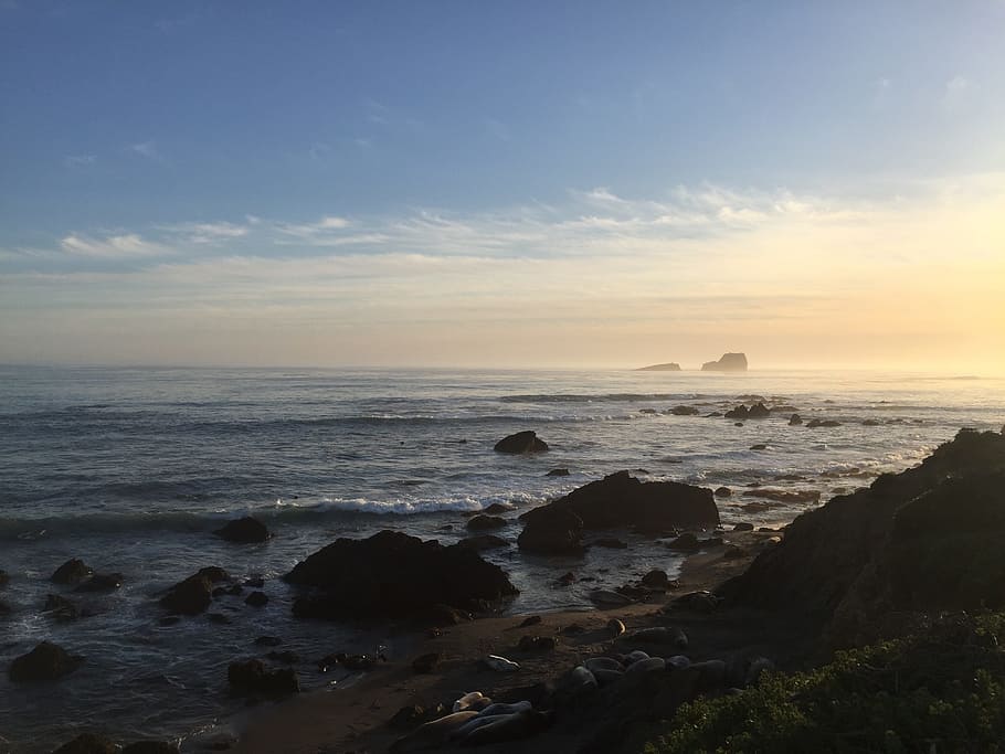 ocean, waves, sunset, sea, water, sky, horizon over water, rock HD wallpaper