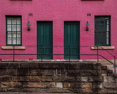 pink house with two doors, 2 tales, wall, window, green, architecture HD wallpaper