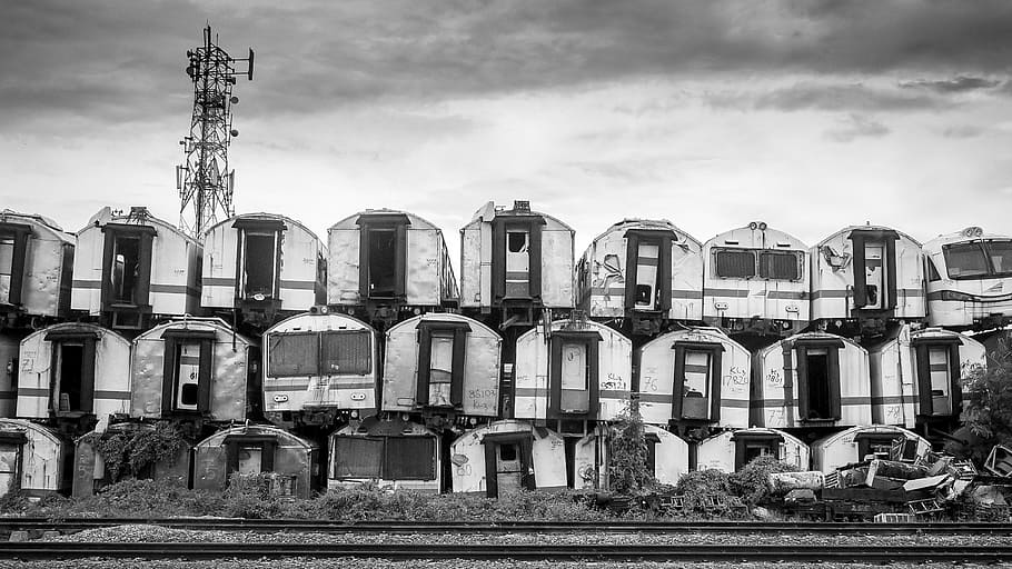 untitled, train, carriage, old, wreck, junk, sky, building exterior HD wallpaper