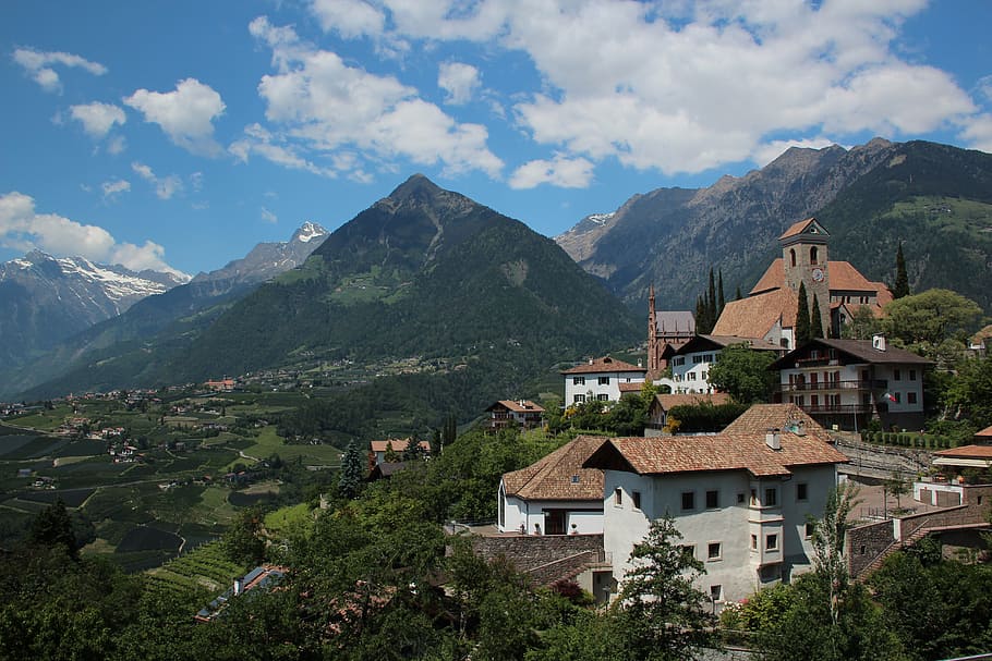 aerial view of village near mountains, holiday, italy, south tyrol