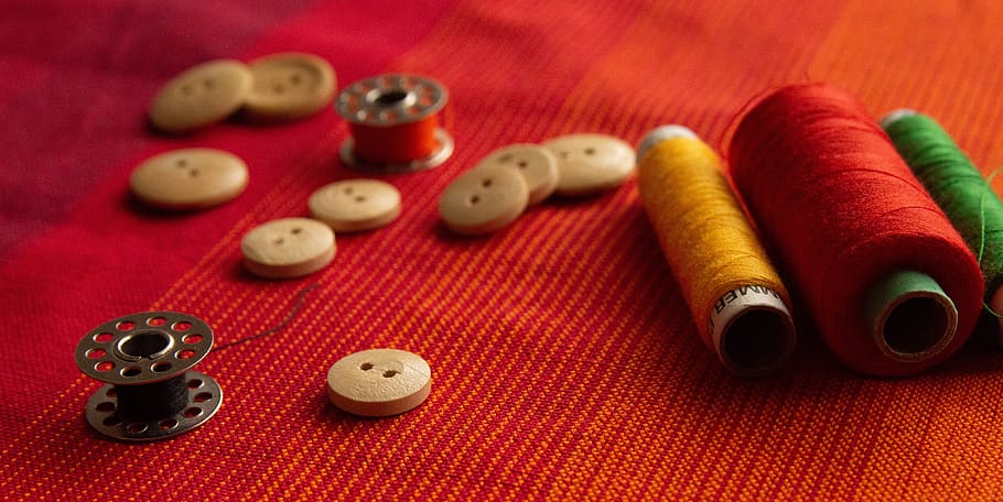 sewing, yarn, desktop, stitching, button, bobbin, red, cloth, HD wallpaper
