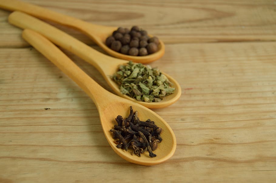 brown wooden ladles filled with herbs and spices, spoon, approach
