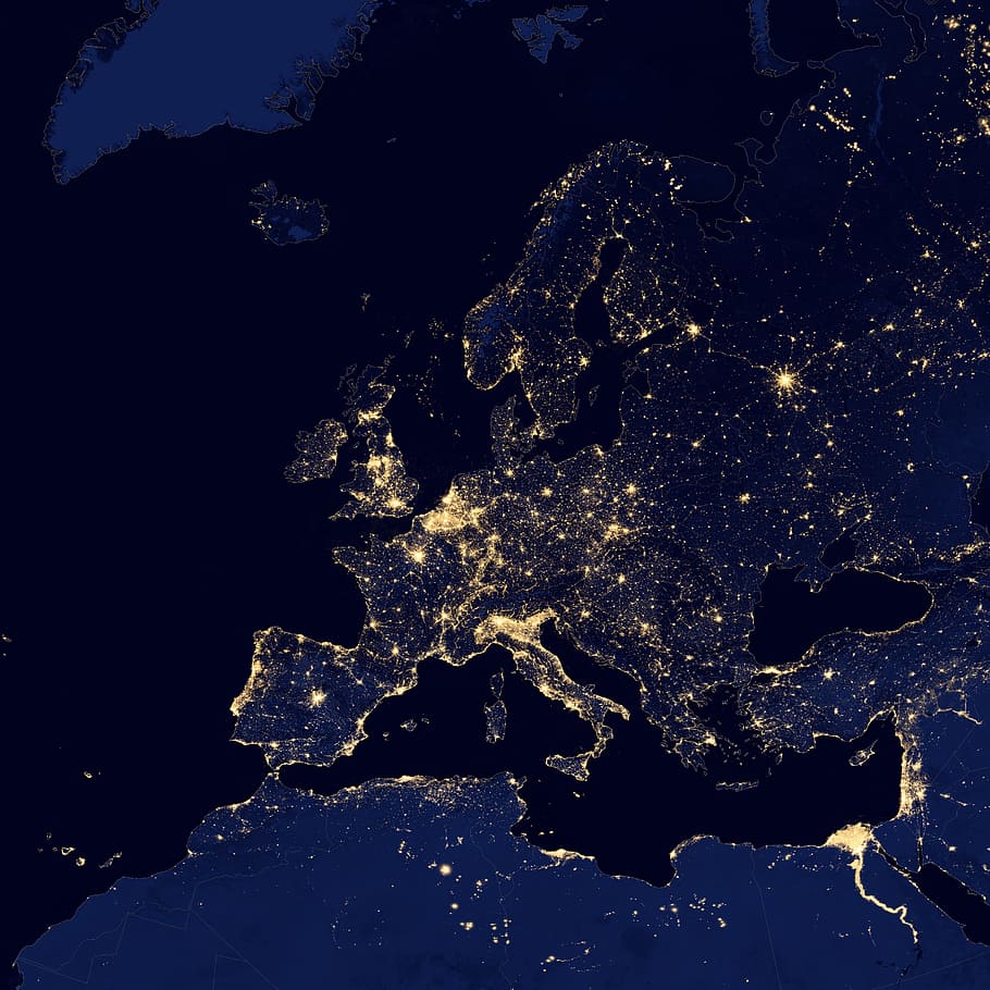 satellite view during night time, europe, cities, lights, space