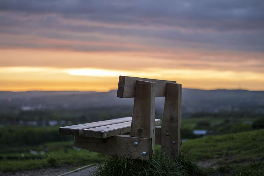 sunset, bench, solitary, summer, sitting, calm, scenic, nature HD wallpaper