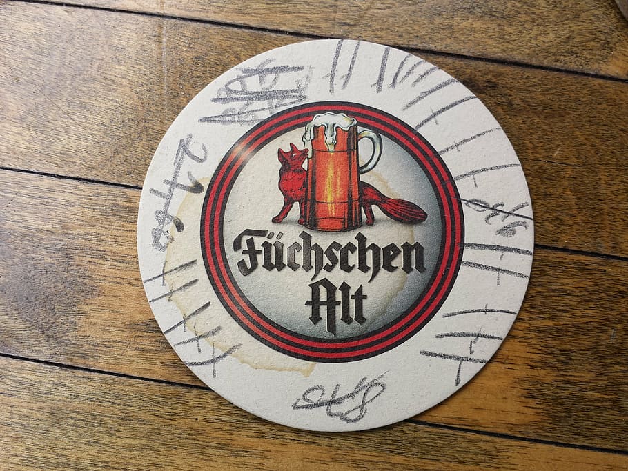 beer coasters, füchschen, altbier, table, wood, round, strokes, HD wallpaper