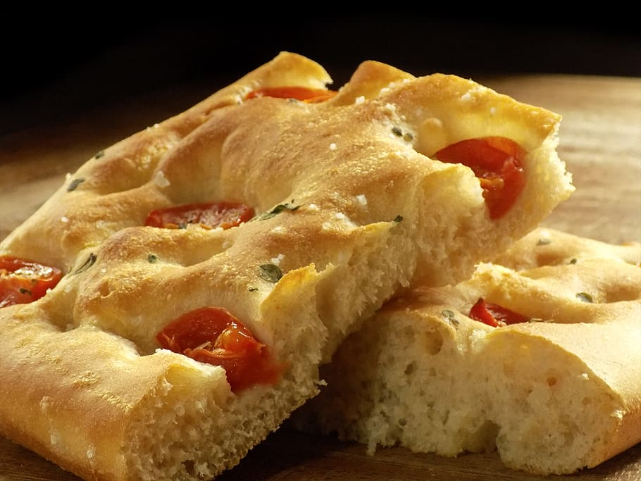 pizza on brown wooden surface, Focaccia, Cherry Tomatoes, Bread HD wallpaper