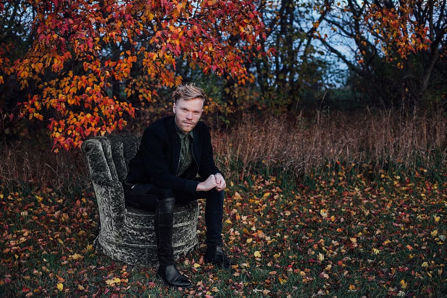 couch, people, man, sitting, alone, leaf, fall, autumn, green HD wallpaper