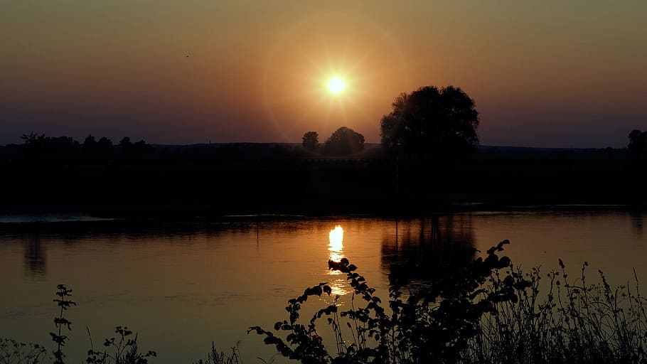 sunset, landscape, trees, lake, water, evening sky, afterglow HD wallpaper