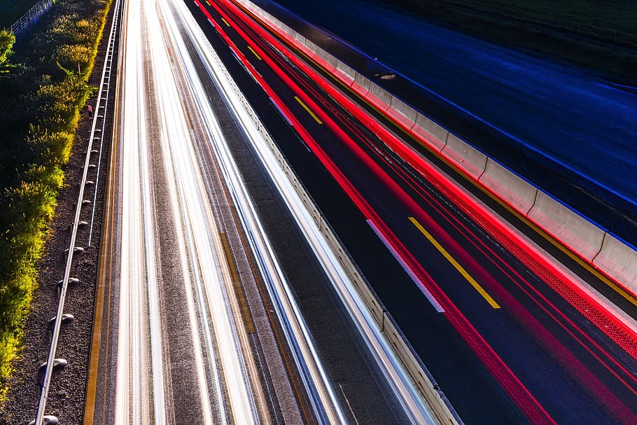 highway, light traces, long exposure, night, spotlight, lights HD wallpaper