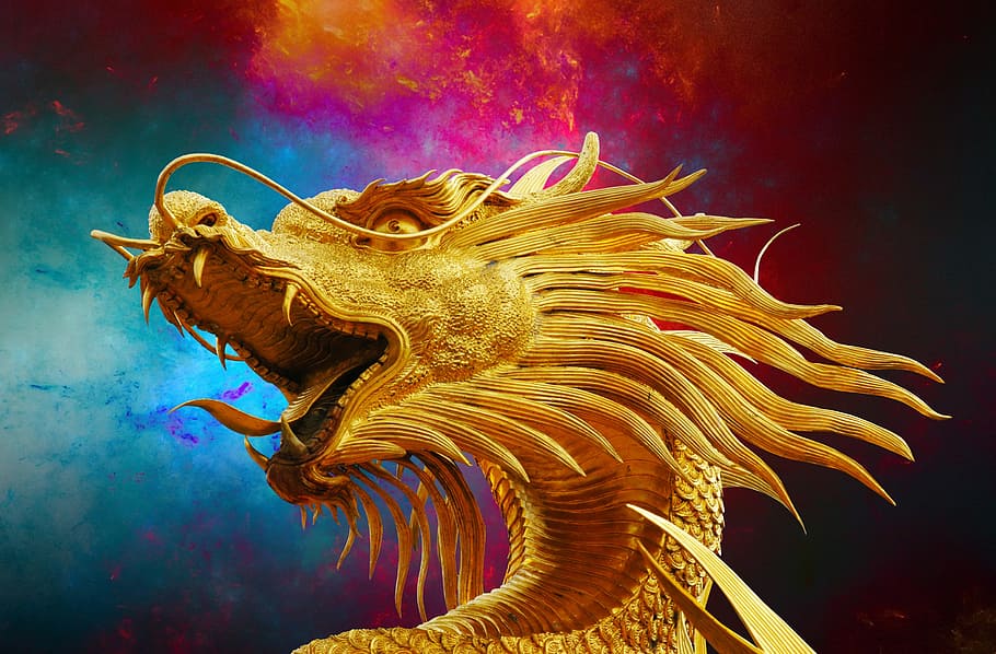 golden dragon digital wallpaper, broncefigur, thailand, art and craft