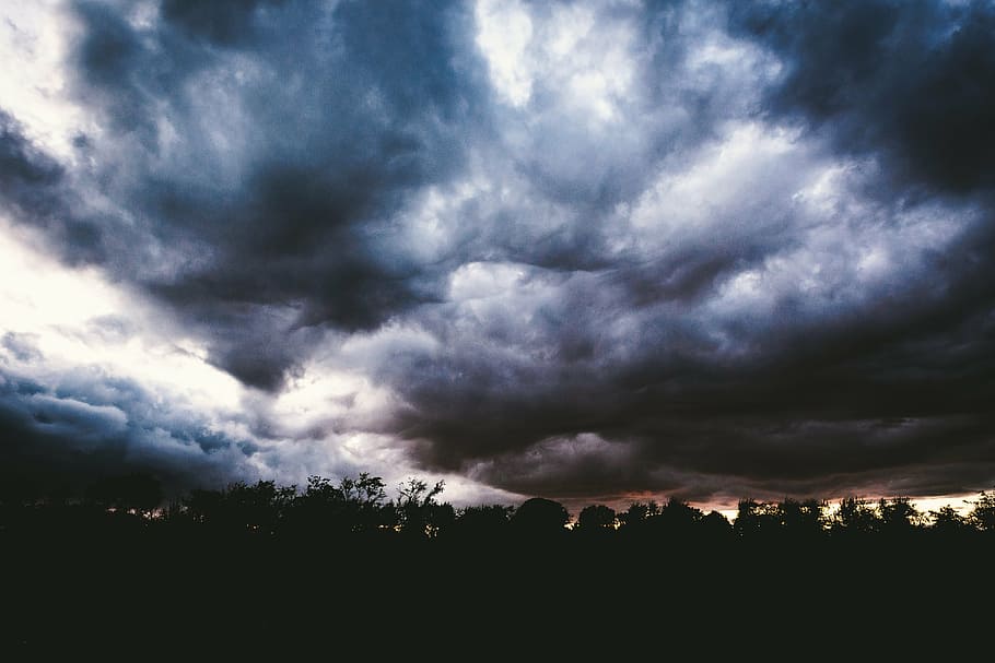 view of clouds, silhouette, trees, sky, cloudy, storm, night HD wallpaper