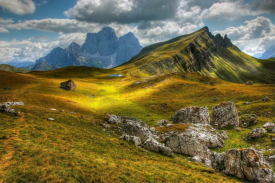 green covered grass mountain under white clouds, dolomites, mountains