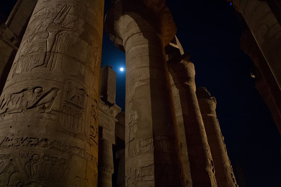 columns, egypt, karnak, nighttime, moon, luxor, ancient, civilization, HD wallpaper