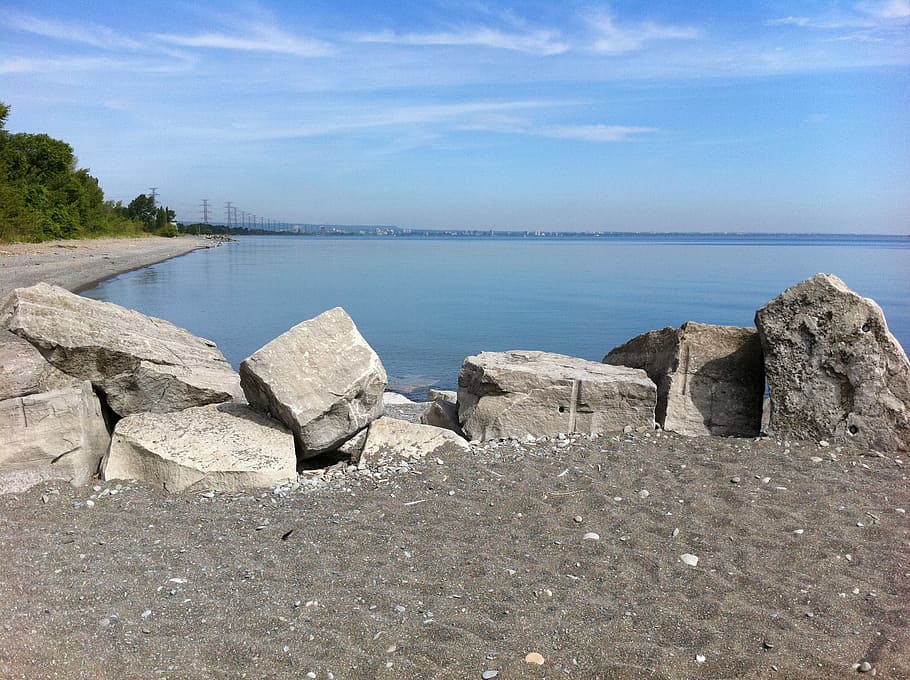 beach, rocks, water, blue, boulders, lake, burlington, sand HD wallpaper