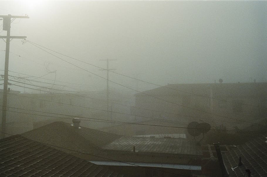 outdoor with fog, brown, galvanized, iron, sheet, sky, rooftops HD wallpaper
