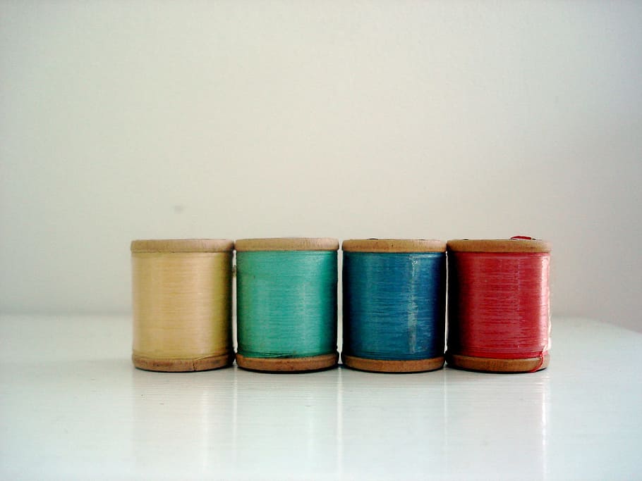 four assorted-color threads, Sewing, Vintage, spools, colorful HD wallpaper