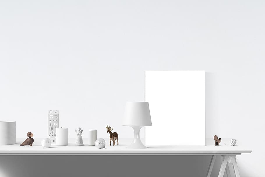 white wooden desk, poster mockup, frame, template, interior HD wallpaper