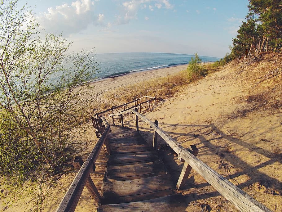 beach, sand, steps, ocean, sea, water, shore, coast, nature HD wallpaper