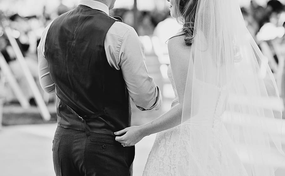 grayscale photography of couple in wedding dress and suit, people HD wallpaper