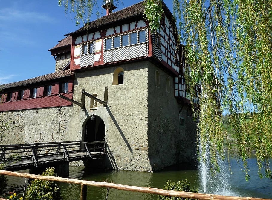 castle, moated castle, drawbridge, inn, water, willow tree HD wallpaper