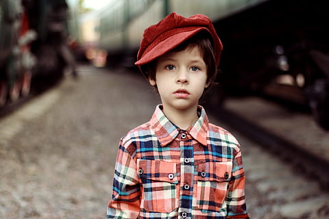 boy wearing red hat, cap, shirt, train, station, portrait, beautiful HD wallpaper