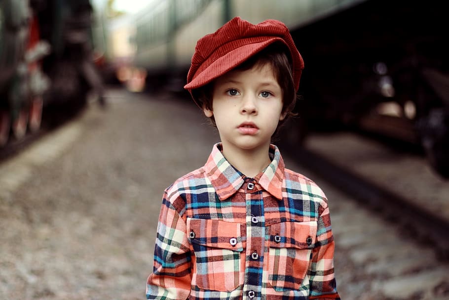 boy wearing red hat, cap, shirt, train, station, portrait, beautiful HD wallpaper