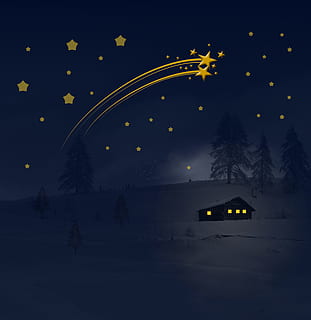 falling stars over house illustration, winter, wintry, snow HD wallpaper