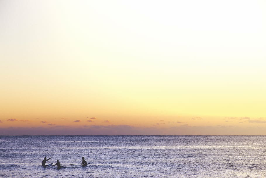 photo of three person swimming on sea, persons, sunset, dusk HD wallpaper