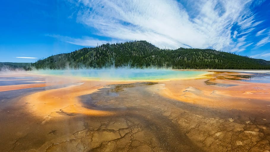 body of water, clouds, hot, hot spring, lake, landscape, mountain HD wallpaper