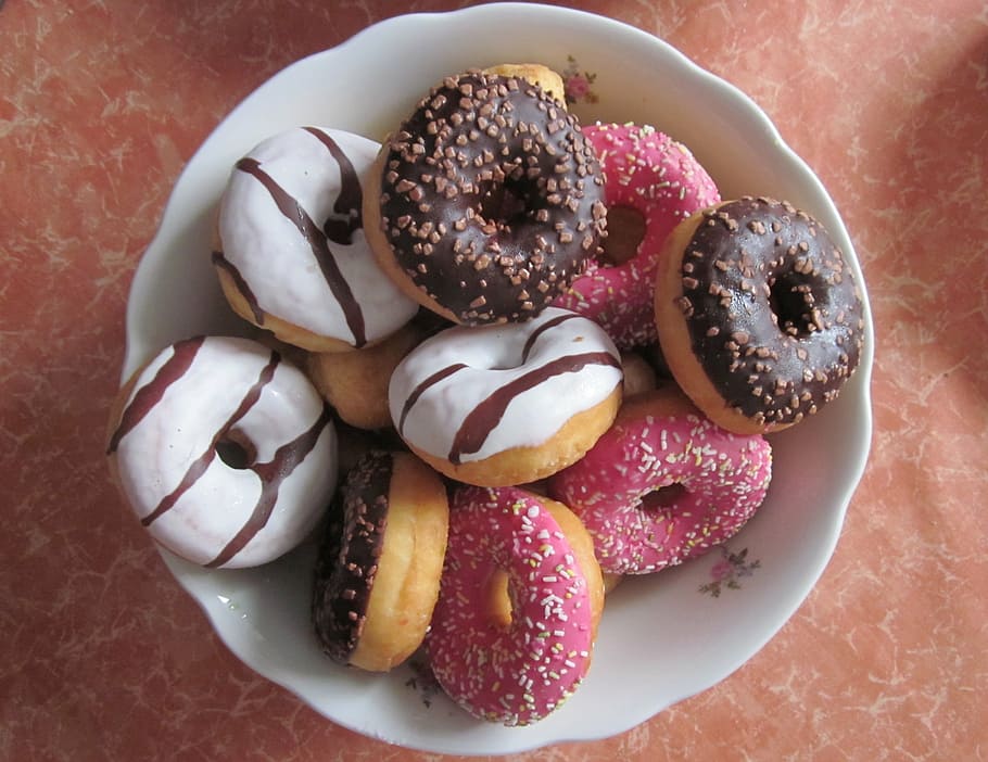 assorted doughnuts, donuts, pastries, cake, chocolate, eat, bake, HD wallpaper
