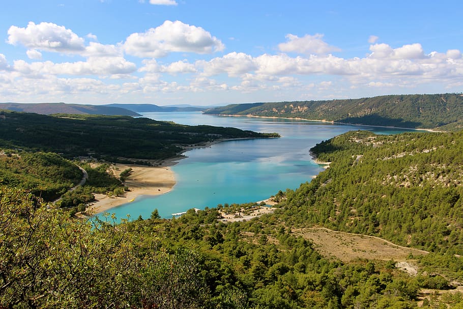 valley, water, mountains, river, landscape, green, france, blue HD wallpaper