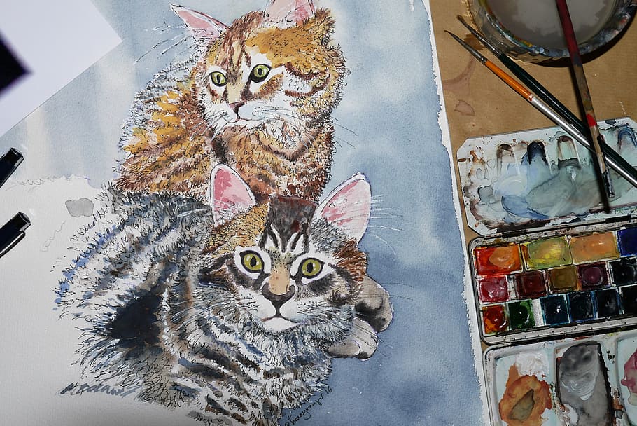 painting of brown and gray cats, artwork, animal, watercolour, HD wallpaper