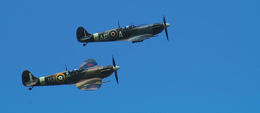 two gray fighter jets, spitfire, aeroplane, airplane, war, battle, HD wallpaper