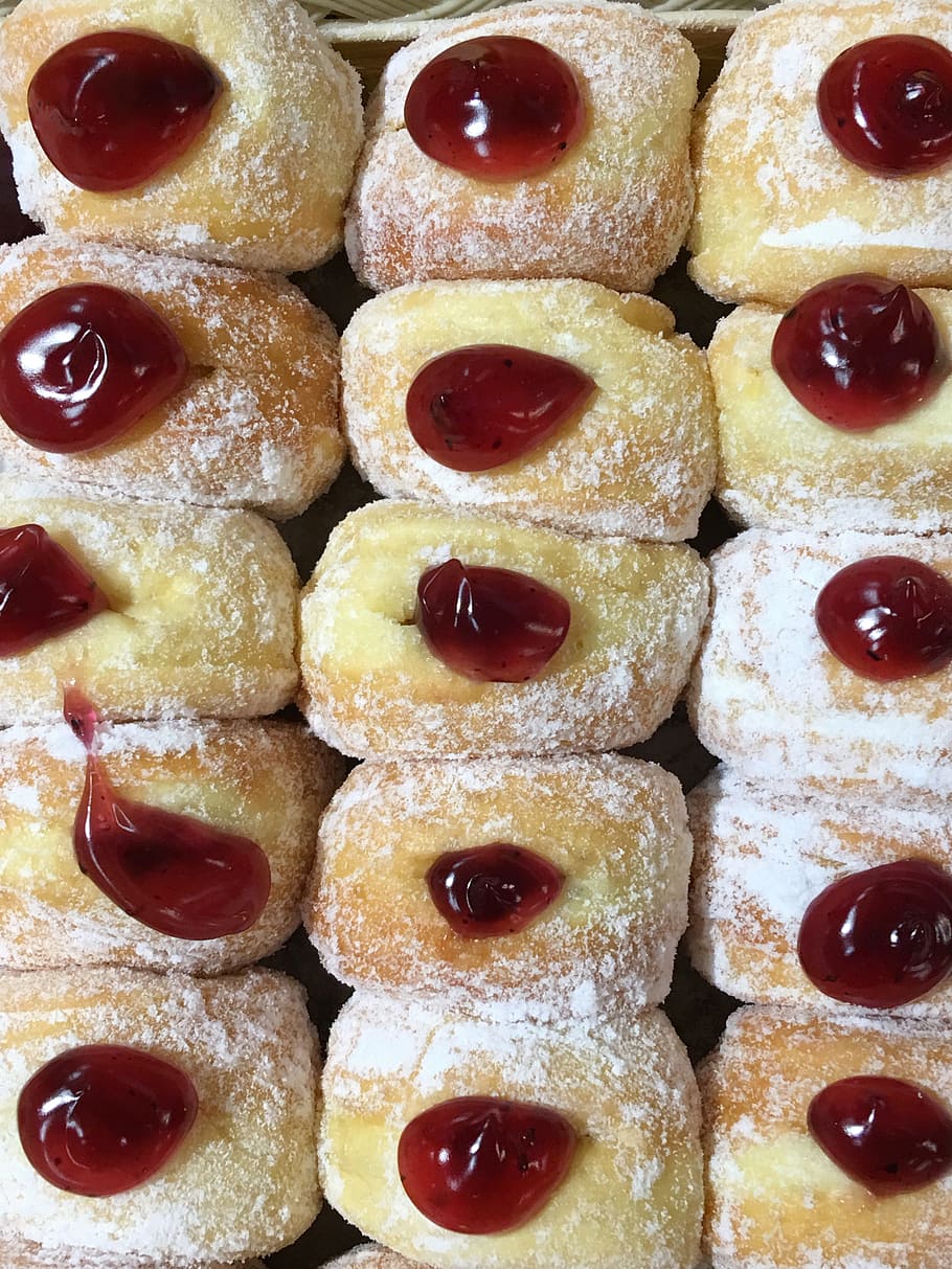 donuts, jam, red, raspberry, strawberry, sweet, food, snack HD wallpaper