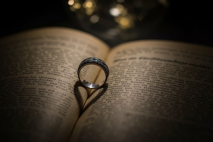 silver-colored ring in the middle of bookpage, heart, font, love, HD wallpaper