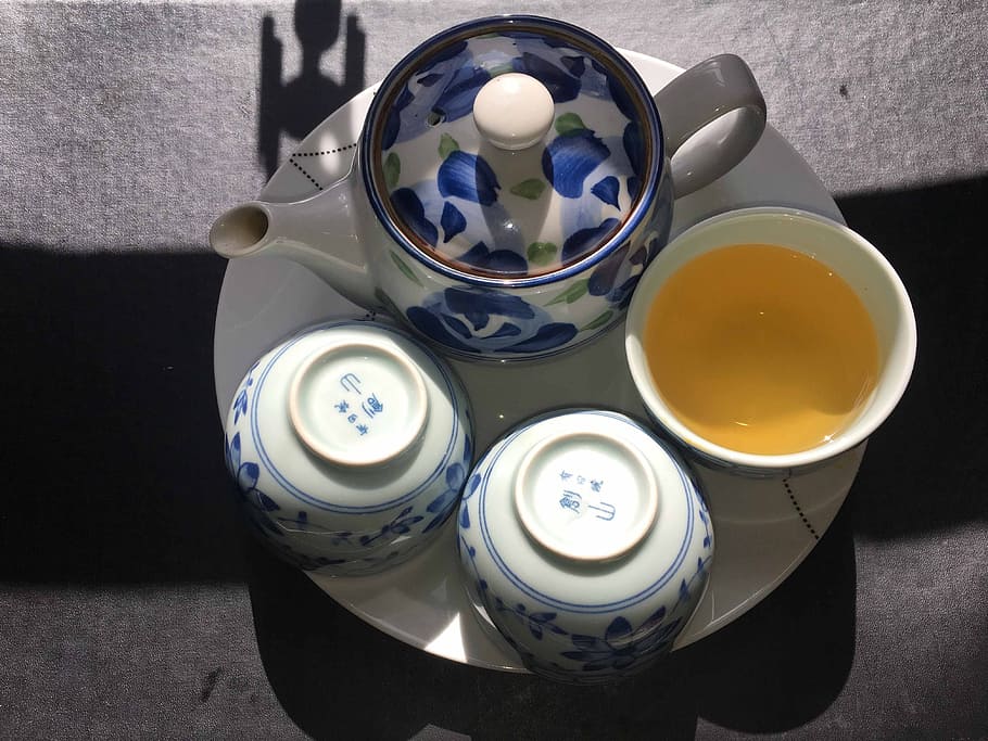tea set, tea pot, green tea, high angle view, drink, cup, table HD wallpaper