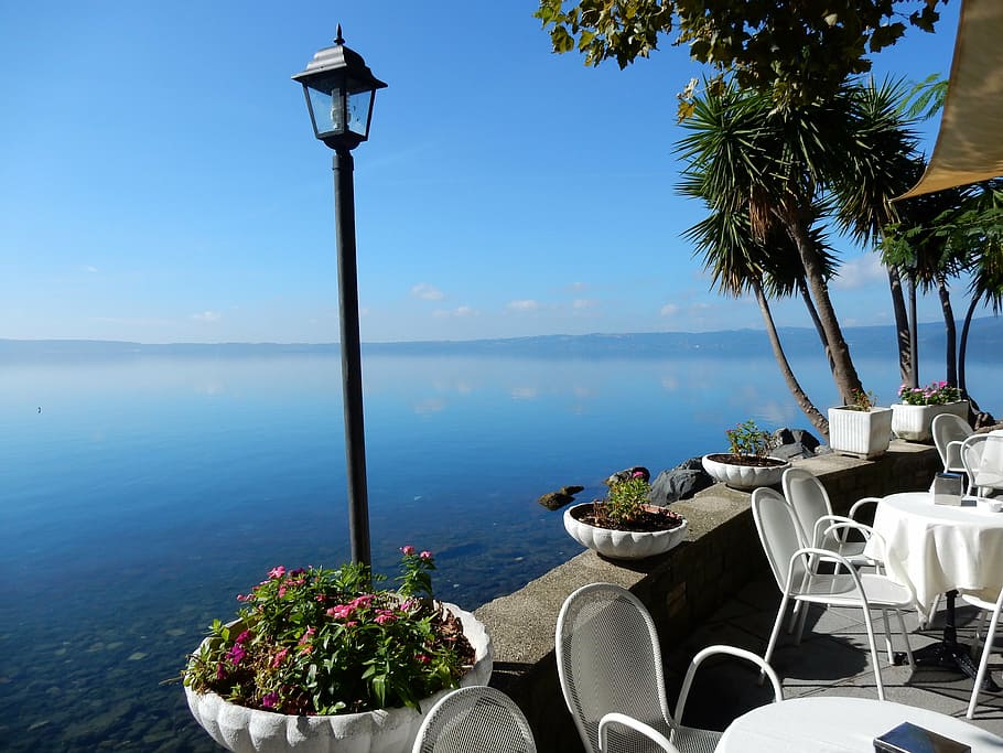 more, bracciano, italy, view, cafe, table, sea, chair, restaurant, HD wallpaper