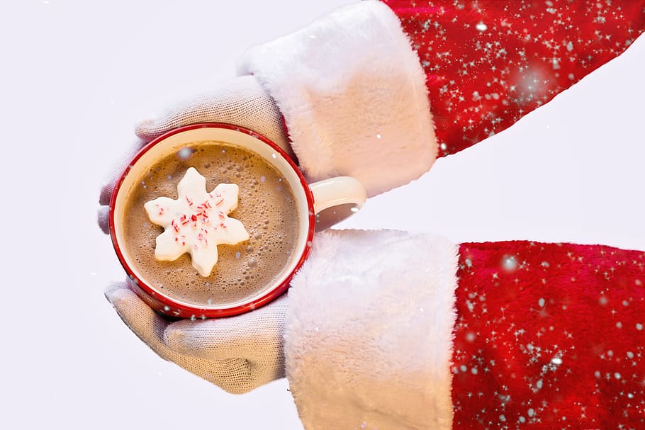 person holding red and white mug filled with coffee, santa claus