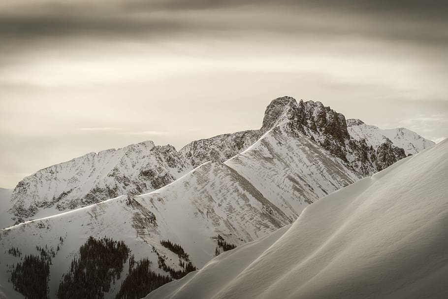 snow-covered mountains under gray clouds during daytime, snow covered mountain HD wallpaper