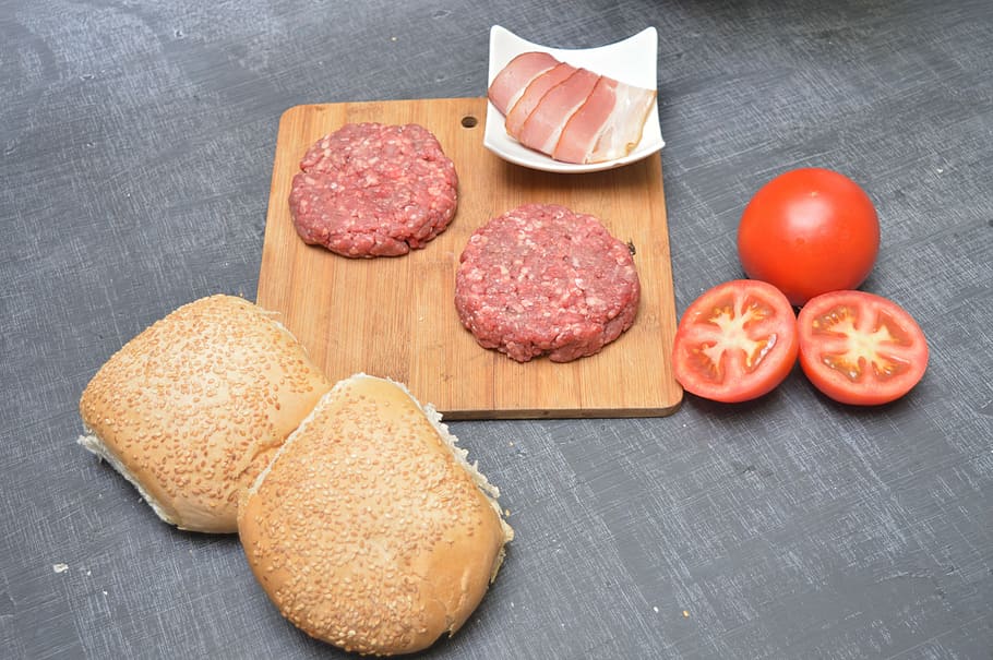 bread, tomato, vegetables, meat, kitchen, food, fresh, meet HD wallpaper