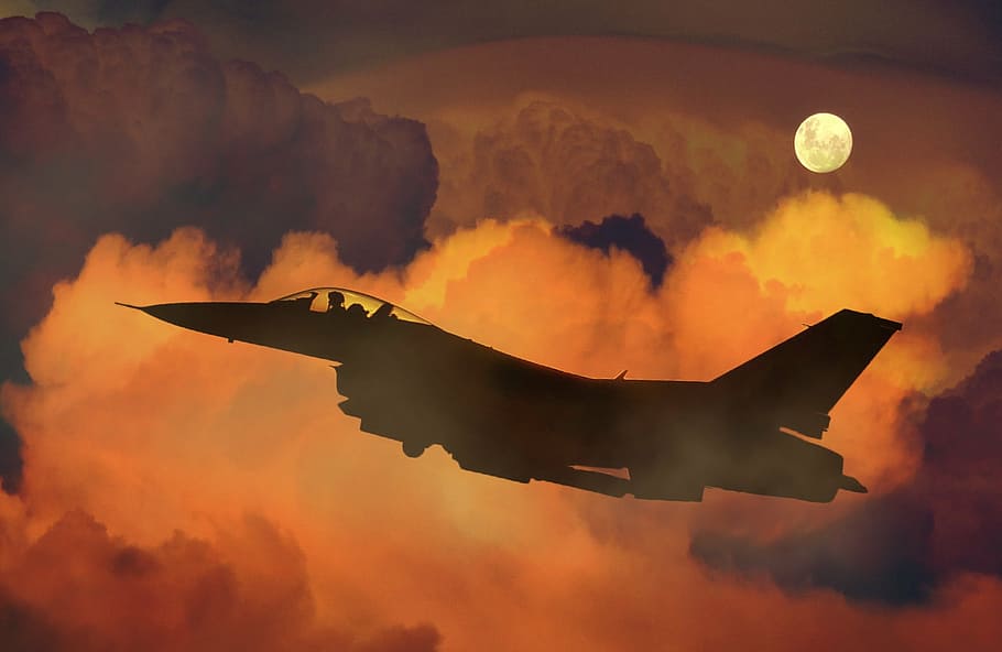 silhouette of fighter jet on clouds, air plane, night sky, moon
