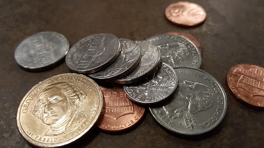 coins, finance, saving, us dollar, quarter, nickel, penny, cent