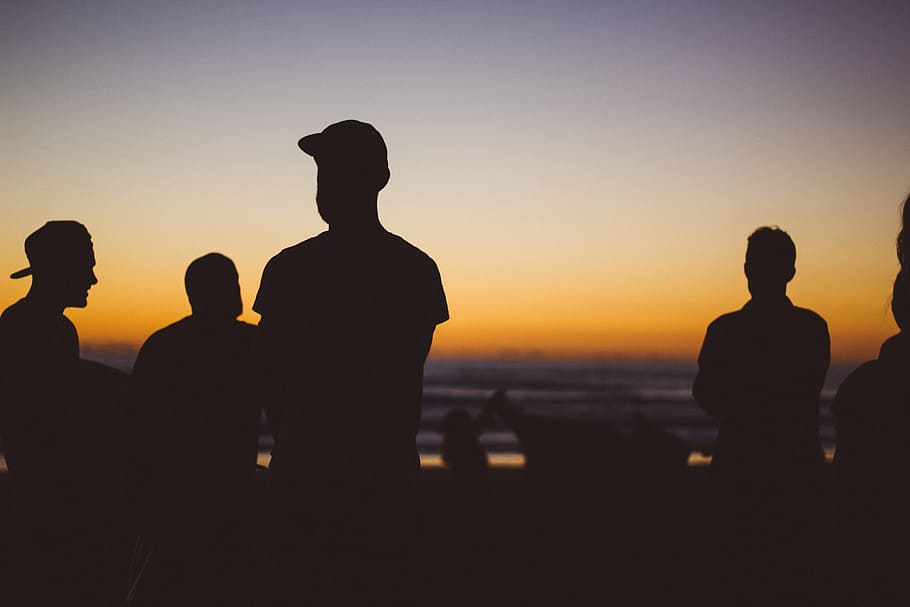 silhouette group of people under sunset, silhouette of five people during sunset